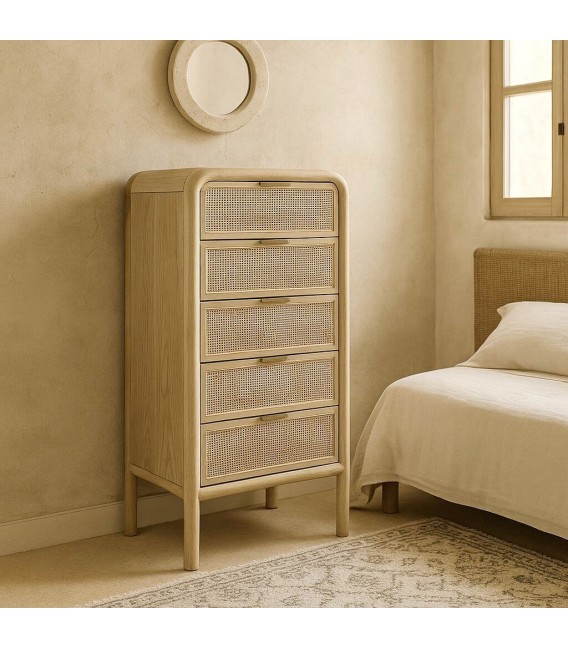 Sinfonier boho madera abeto y ratán natural con tiradores dorados Mdmhogar