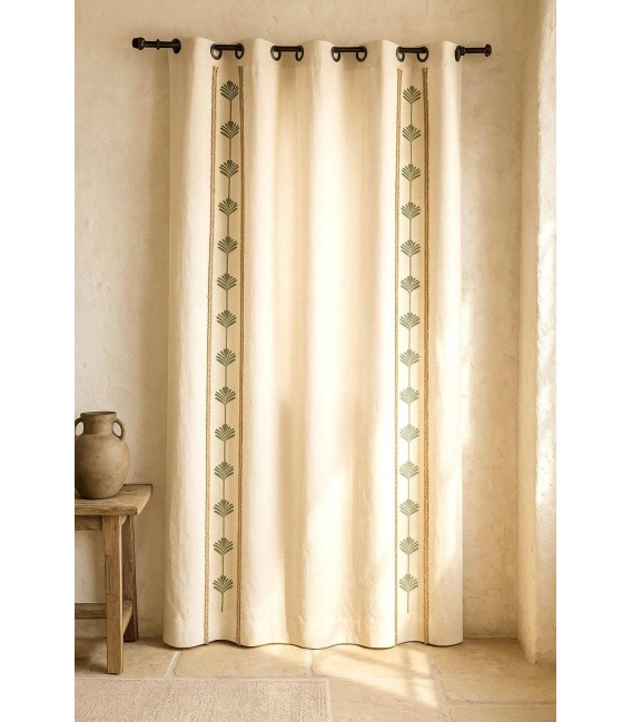Set 2 cortinas algodón beige con cenefas verdes y detalle en yute Mdmhogar