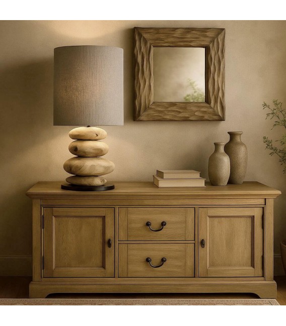 Lámpara XL boho madera teca natural con pantalla lino color topo Mdmhogar