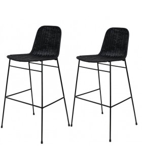 Set 2 taburetes negro con asiento de ratán trenzado y metal negro.
