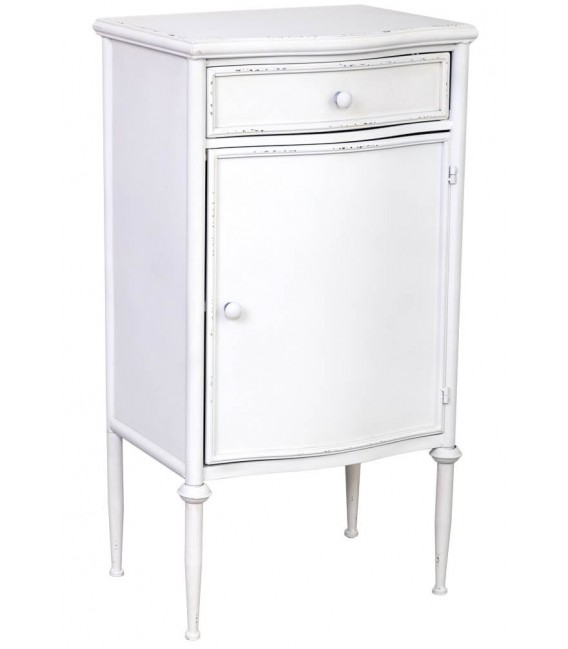 Mesita metal blanca vintage con puerta, cajón y acabado rozado
