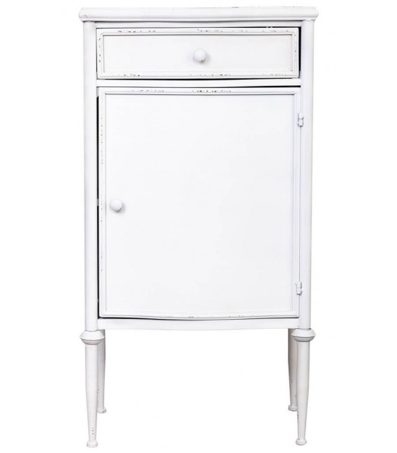 Mesita metal blanca vintage con puerta, cajón y acabado rozado 1