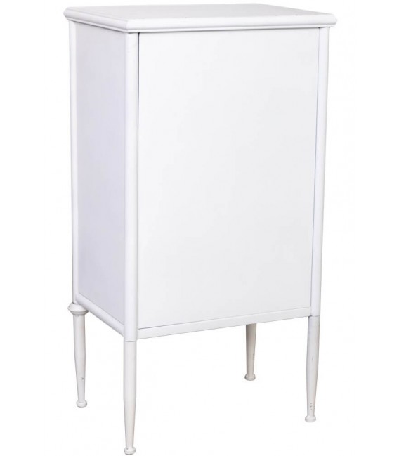 Mesita metal blanca vintage con puerta, cajón y acabado rozado 3