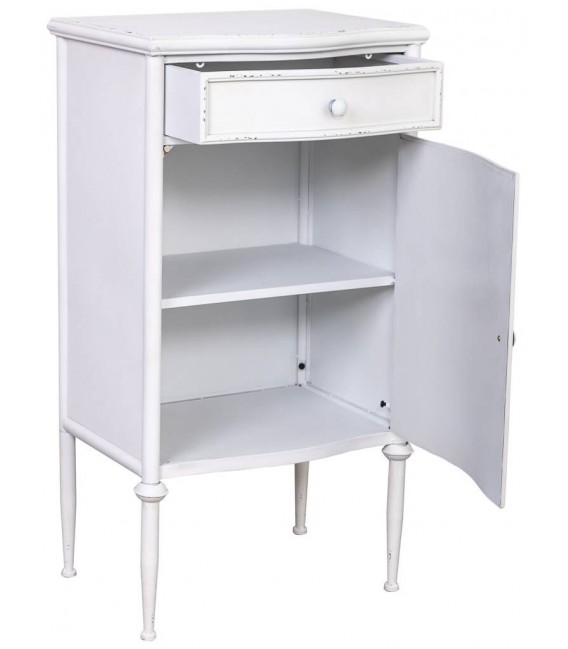 Mesita metal blanca vintage con puerta, cajón y acabado rozado 2