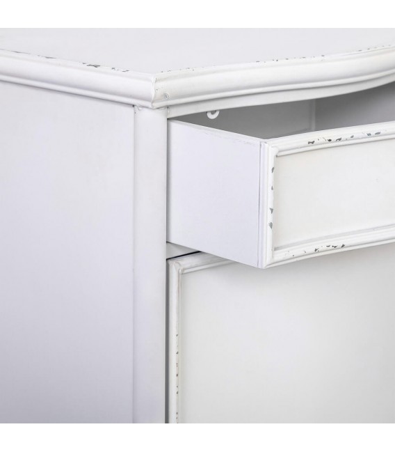 Mesita metal blanca vintage con puerta, cajón y acabado rozado 4