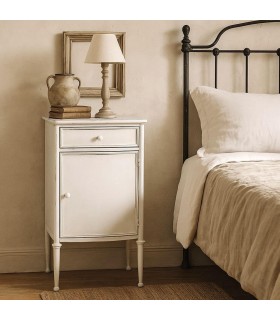 Mesita metal blanca vintage con puerta, cajón y acabado rozado Mdmhogar
