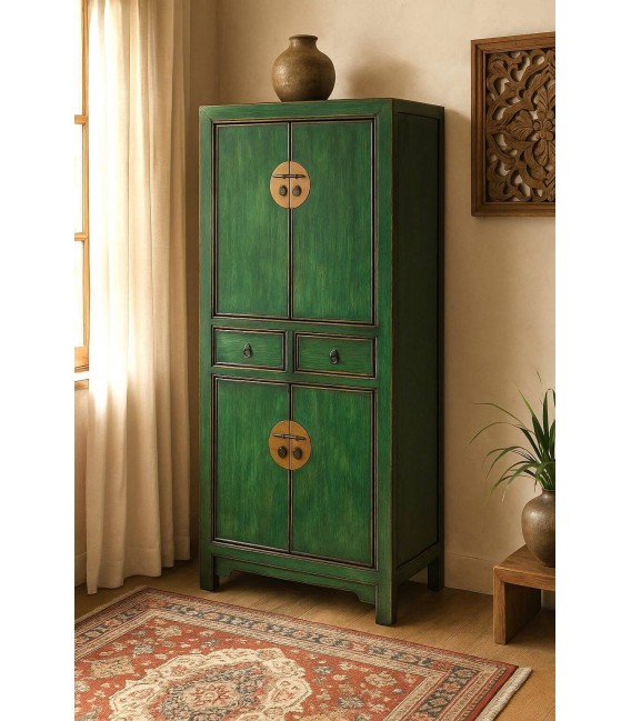 Armario madera verde patinado con herrajes bronce oriental Mdmhogar