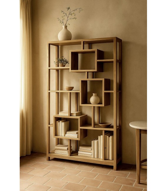 Estantería boho en madera natural reciclada de teca artesanal. Mdmhogar