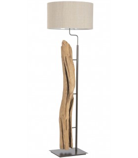 Lámpara de pie madera teca natural metal cromado y lino topo. 1