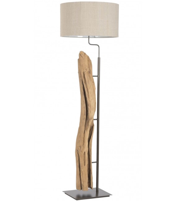 Lámpara de pie madera teca natural metal cromado y lino topo. 1