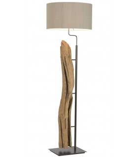 Lámpara de pie madera teca natural metal cromado y lino topo.