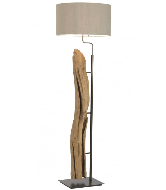 Lámpara de pie madera teca natural metal cromado y lino topo.