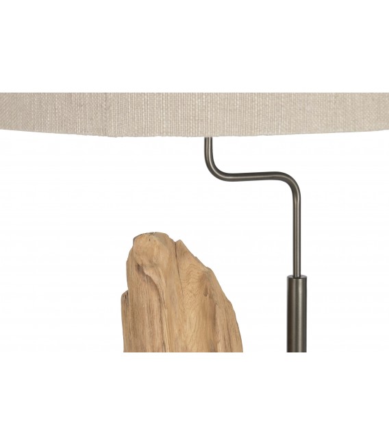 Lámpara de pie madera teca natural metal cromado y lino topo. 3
