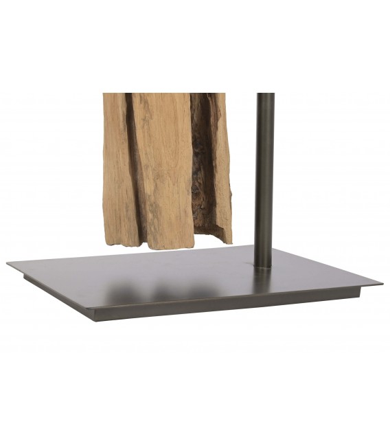 Lámpara de pie madera teca natural metal cromado y lino topo. 4