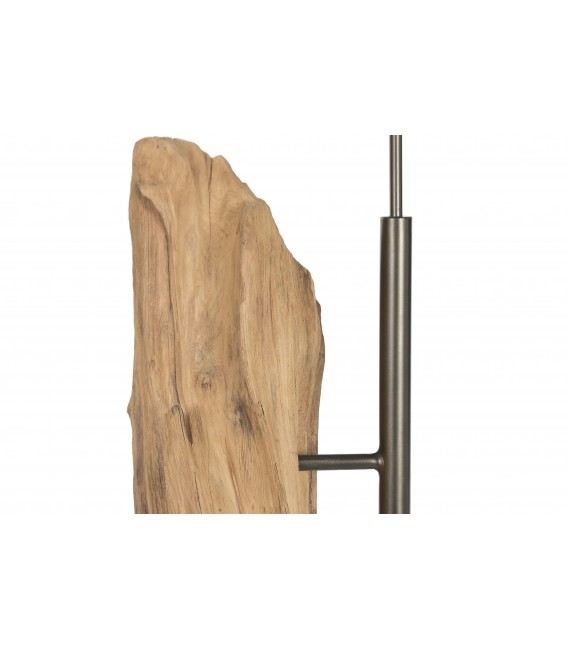 Lámpara de pie madera teca natural metal cromado y lino topo. 5