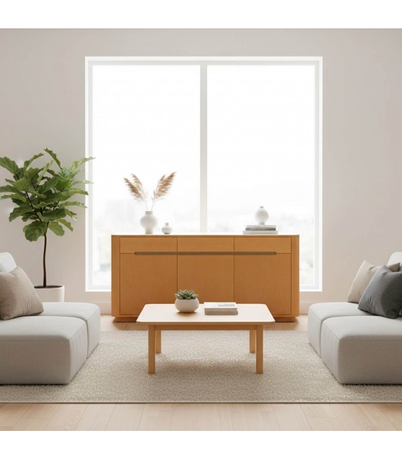 Aparador de madera natural con travertino y detalles dorados Mdmhogar