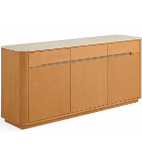 Aparador de madera natural con travertino y detalles dorados1