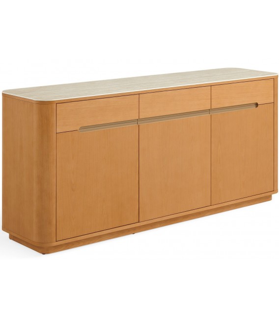 Aparador de madera natural con travertino y detalles dorados1
