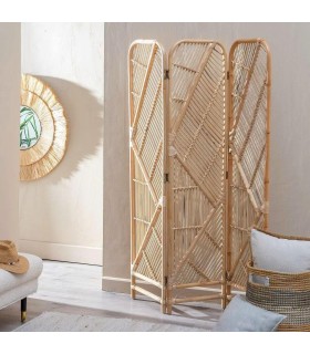 Biombo 3 hojas bambú y ratán natural trenzado artesanal boho Mdmhogar