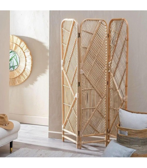 Biombo 3 hojas bambú y ratán natural trenzado artesanal boho Mdmhogar