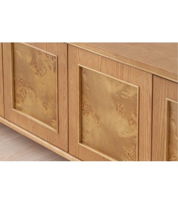 Mueble TV boho en roble tostado con frentes de raíz natural 2