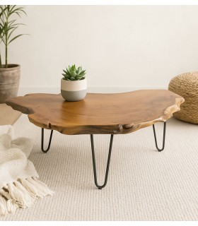 Mesa centro de teca natural con patas negras estilo industrial Mdmhogar