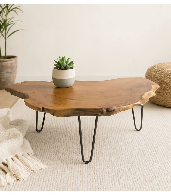 Mesa centro de teca natural con patas negras estilo industrial Mdmhogar