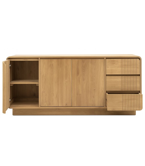 Aparador boho de teca natural con puertas y cajones artesanales 3