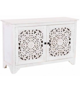 Taquillón étnico grande en madera tallada blanco rozado artesanal