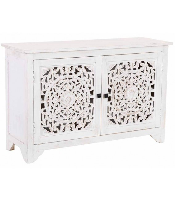 Taquillón étnico grande en madera tallada blanco rozado artesanal