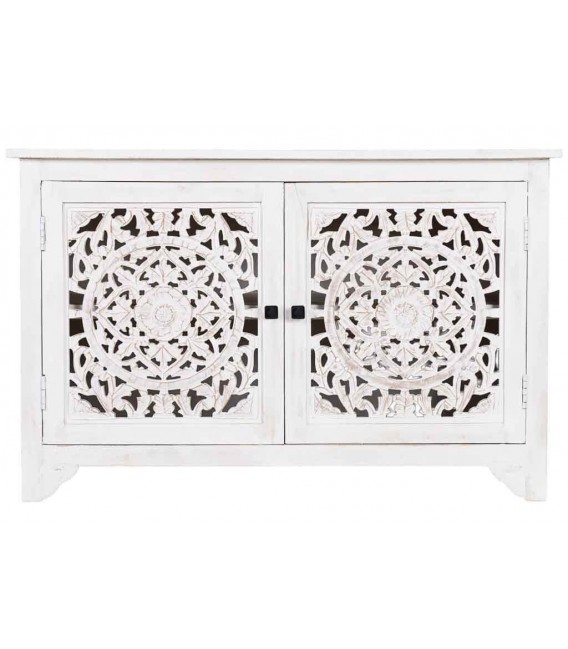 Taquillón étnico grande en madera tallada blanco rozado artesanal 1