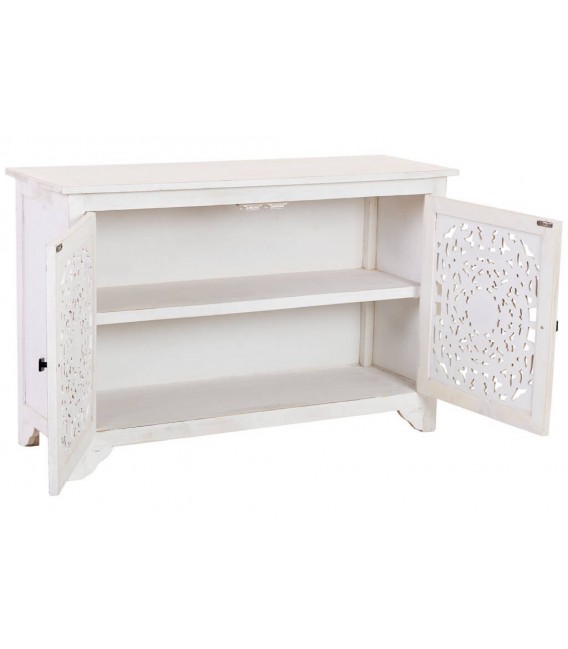 Taquillón étnico grande en madera tallada blanco rozado artesanal 3