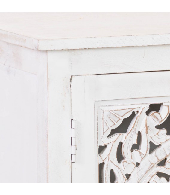 Taquillón étnico grande en madera tallada blanco rozado artesanal 4