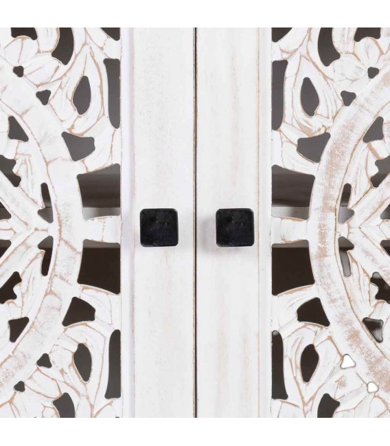 Taquillón étnico grande en madera tallada blanco rozado artesanal 6