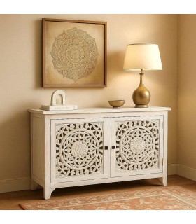 Taquillón étnico grande en madera tallada blanco rozado artesanal Mdmhogar