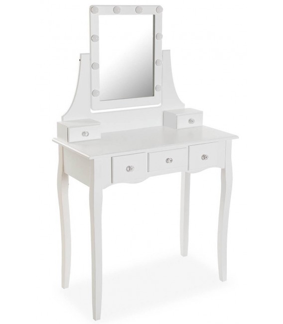 Tocador blanco chic con cinco cajones y espejo con luz integrada