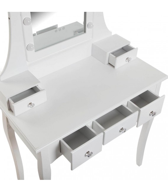 Tocador blanco chic con cinco cajones y espejo con luz integrada 3