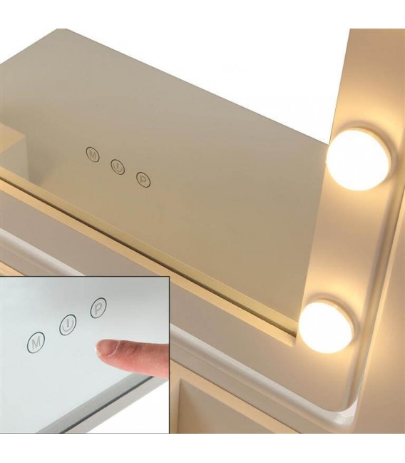 Tocador blanco chic con cinco cajones y espejo con luz integrada 5