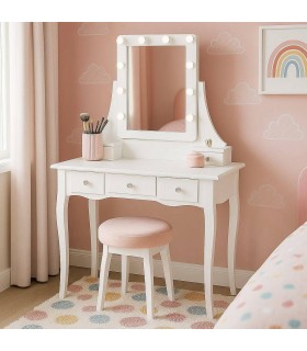 Tocador blanco chic con cinco cajones y espejo con luz integrada Mdmhogar