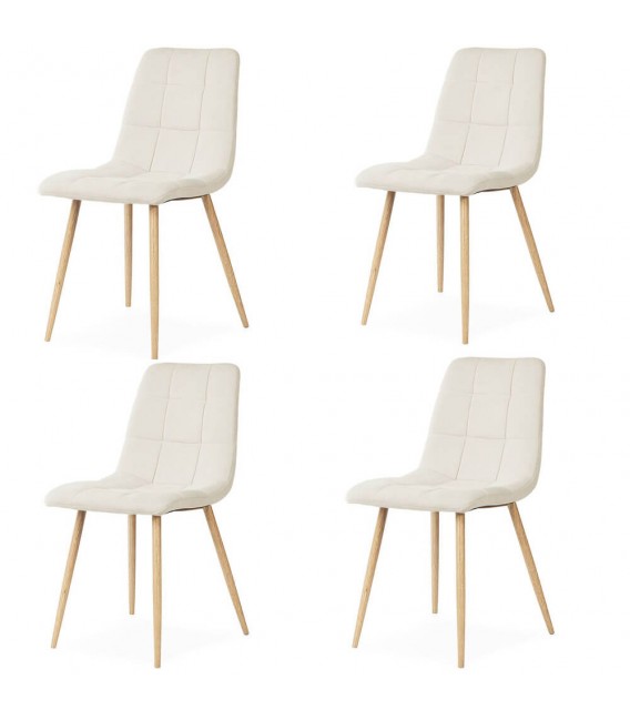 Set de 4 sillas tapizadas blanco roto con patas metal roble