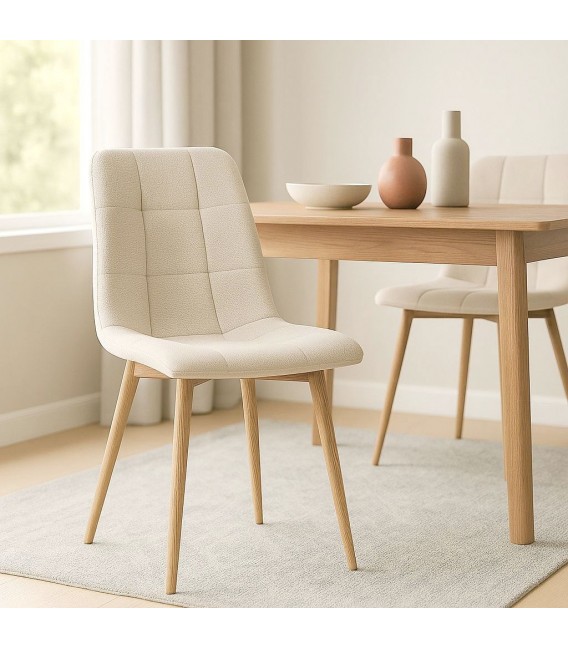 Silla tapizada blanco roto con patas imitación roble contemporánea Mdmhogar