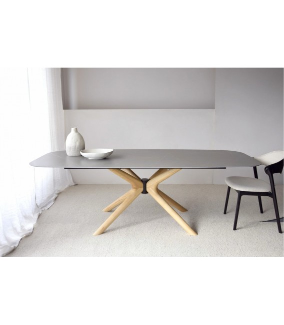 Mesa comedor XL semi ovalada porcelánico gris y base fresno natural Mdmhogar