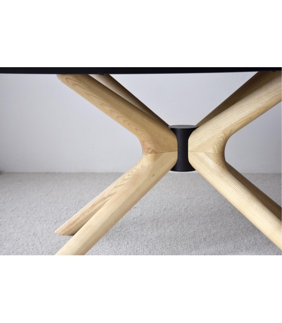 Mesa comedor XL semi ovalada porcelánico gris y base fresno natural 2