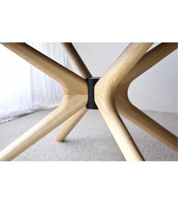 Mesa comedor XL semi ovalada porcelánico gris y base fresno natural 3