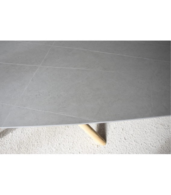Mesa comedor XL semi ovalada porcelánico gris y base fresno natural 4