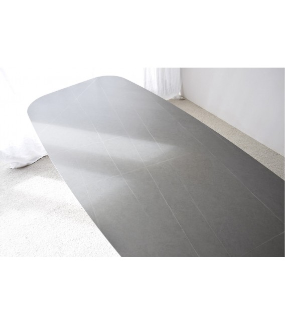 Mesa comedor XL semi ovalada porcelánico gris y base fresno natural 5