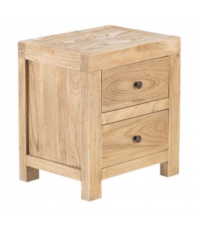 Mesita noche boho madera mindi natural con dos cajones útiles.