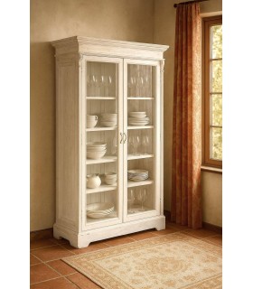 Vitrina boho blanca decapada XL con cristal y estilo natural Mdmhogar