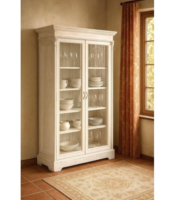 Vitrina boho blanca decapada XL con cristal y estilo natural Mdmhogar