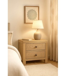 Mesita de noche boho de madera mindi natural con dos cajones Mdmhogar